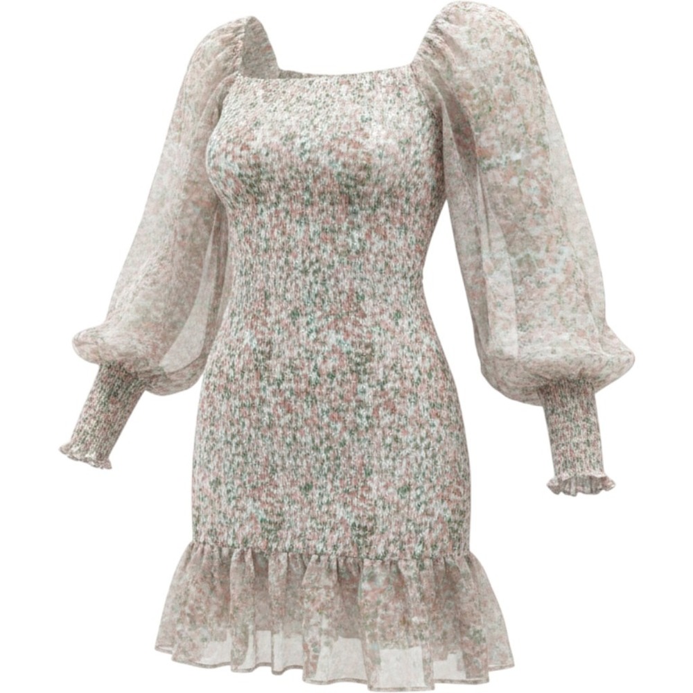 Pretty Lavish Floral Smocked Mini Dress Rush Long Balloon Sleeve Square Neck 4